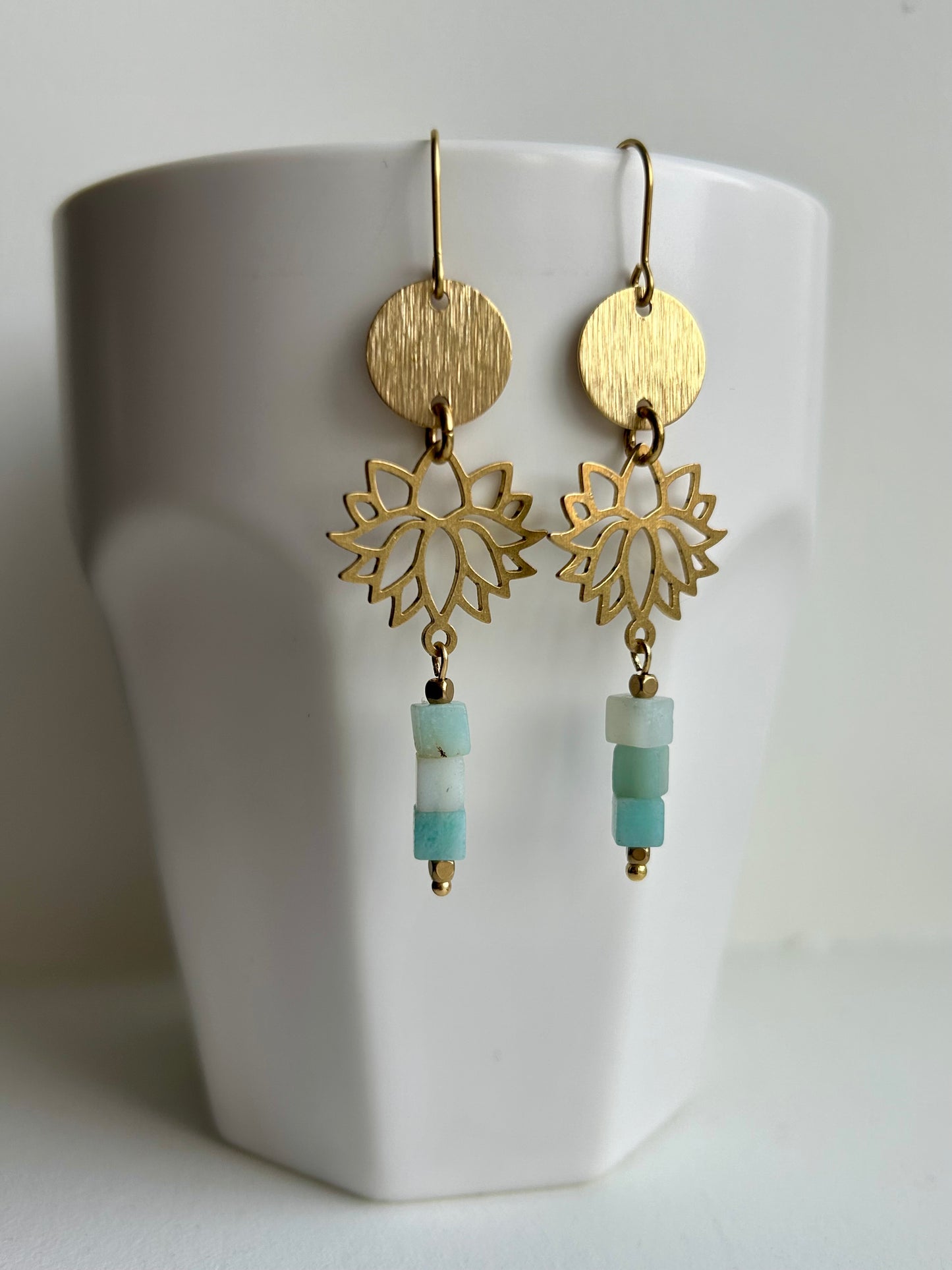 Amazonite Lotus Flower Brass Earrings