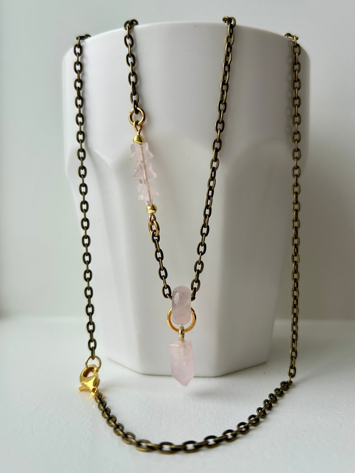 Rose Quartz Donut Pendant Long Brass Necklace