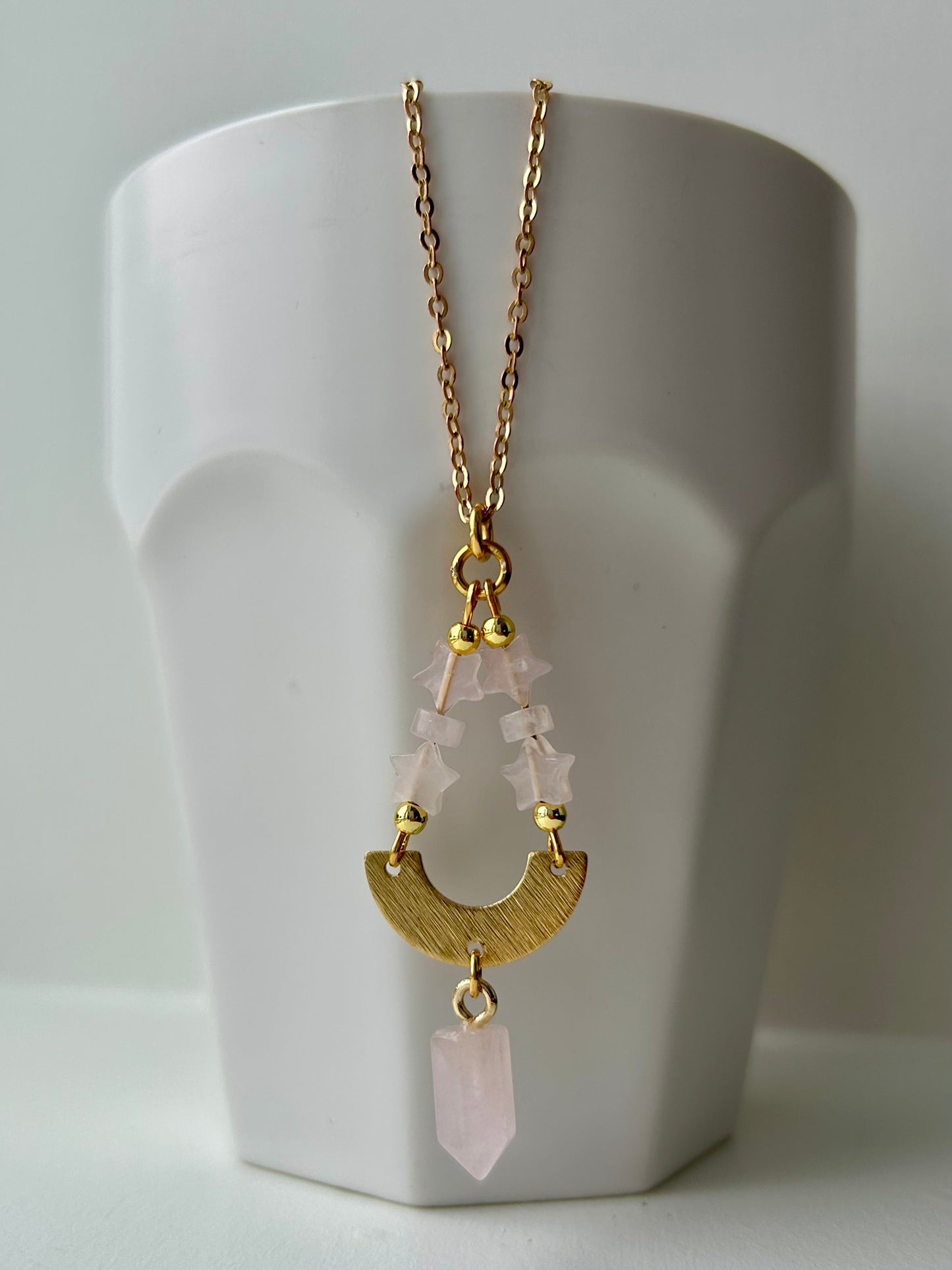 Rose Quartz Star and Point Brass Necklace