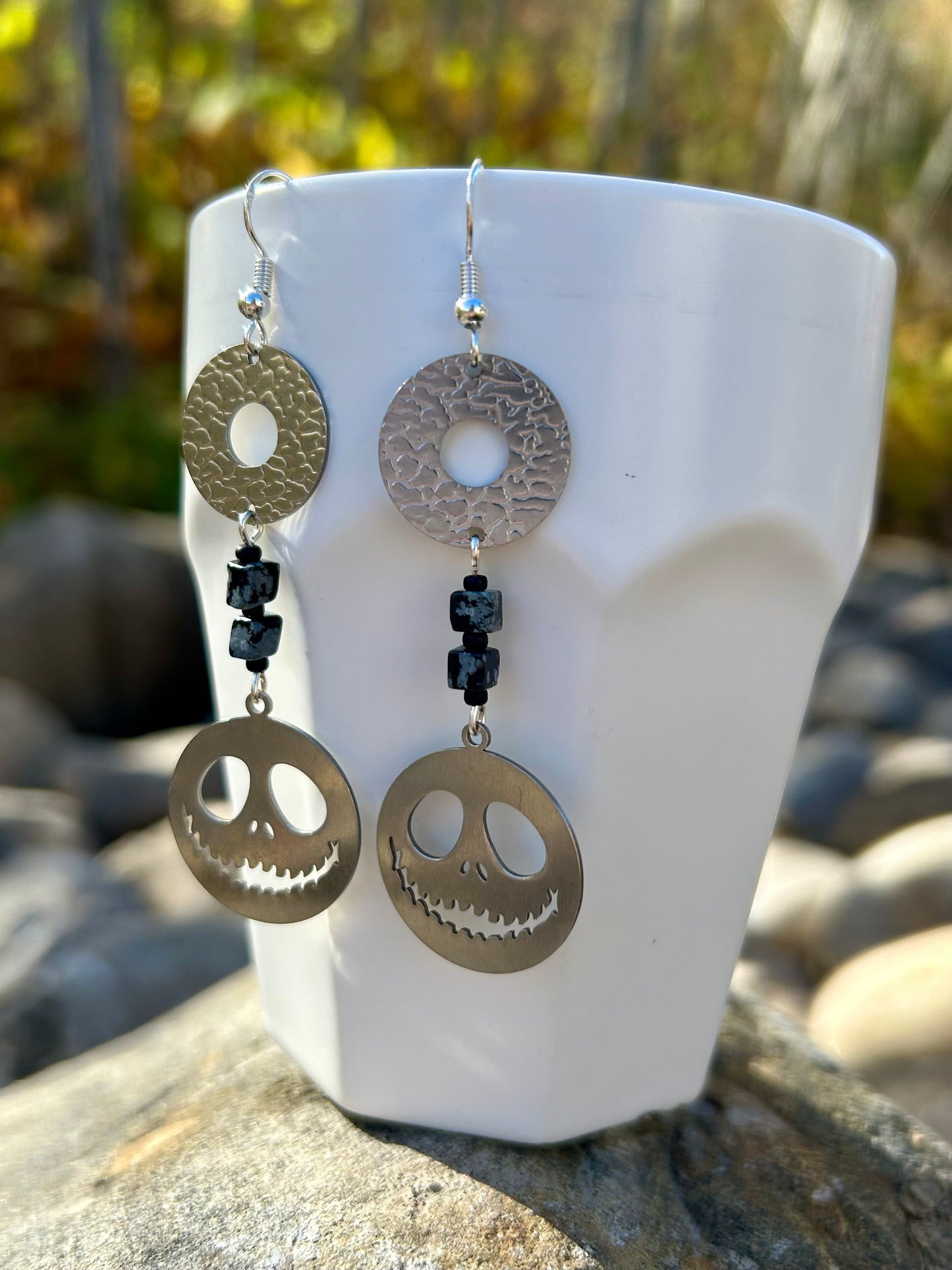 Silver Happy Pumpkin Snowflake Obsidian Earrings