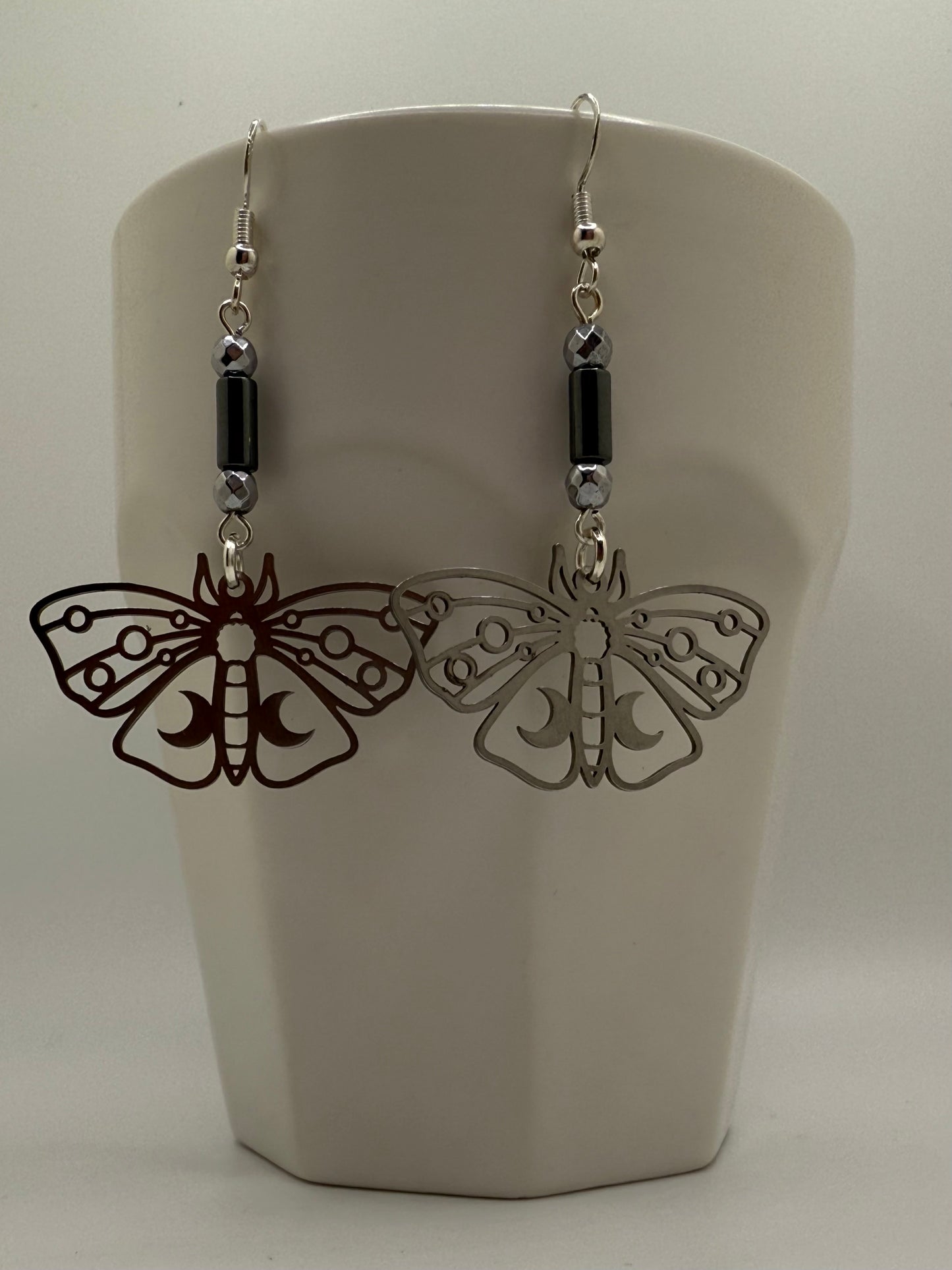 Hematite Silver Moth Earrings