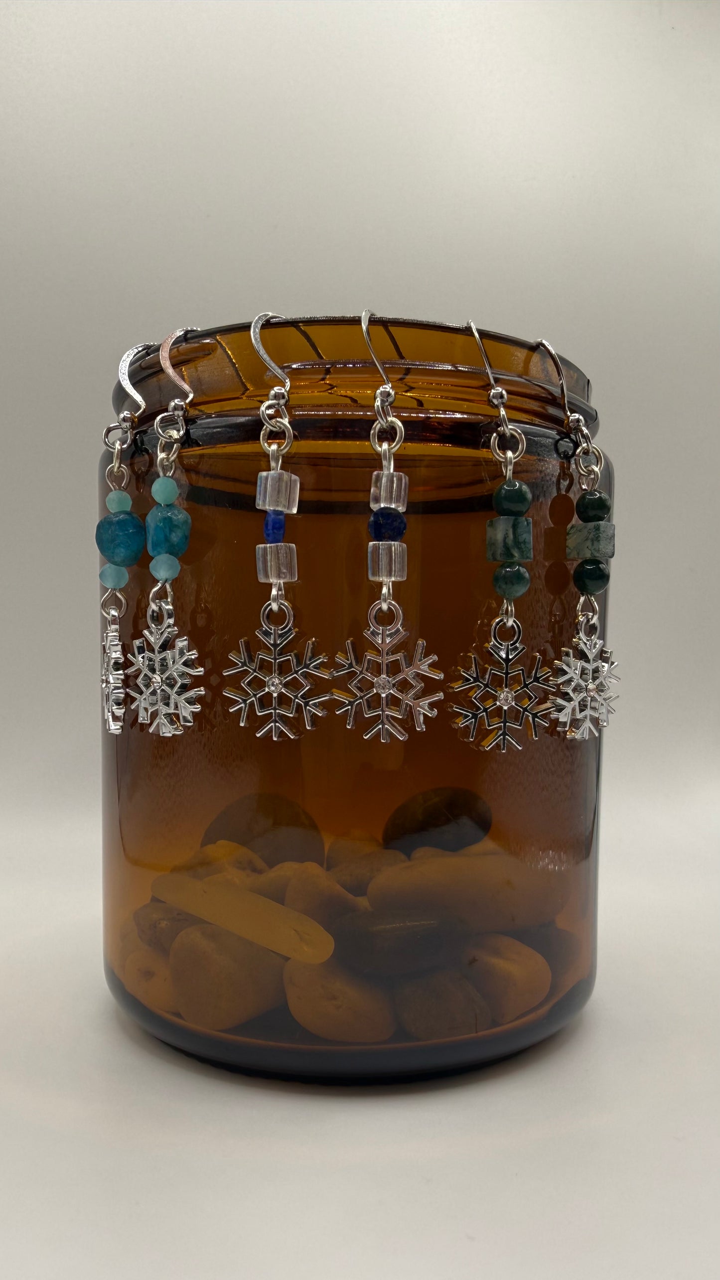 Silver Apatite Rhinestone Snowflake Earrings