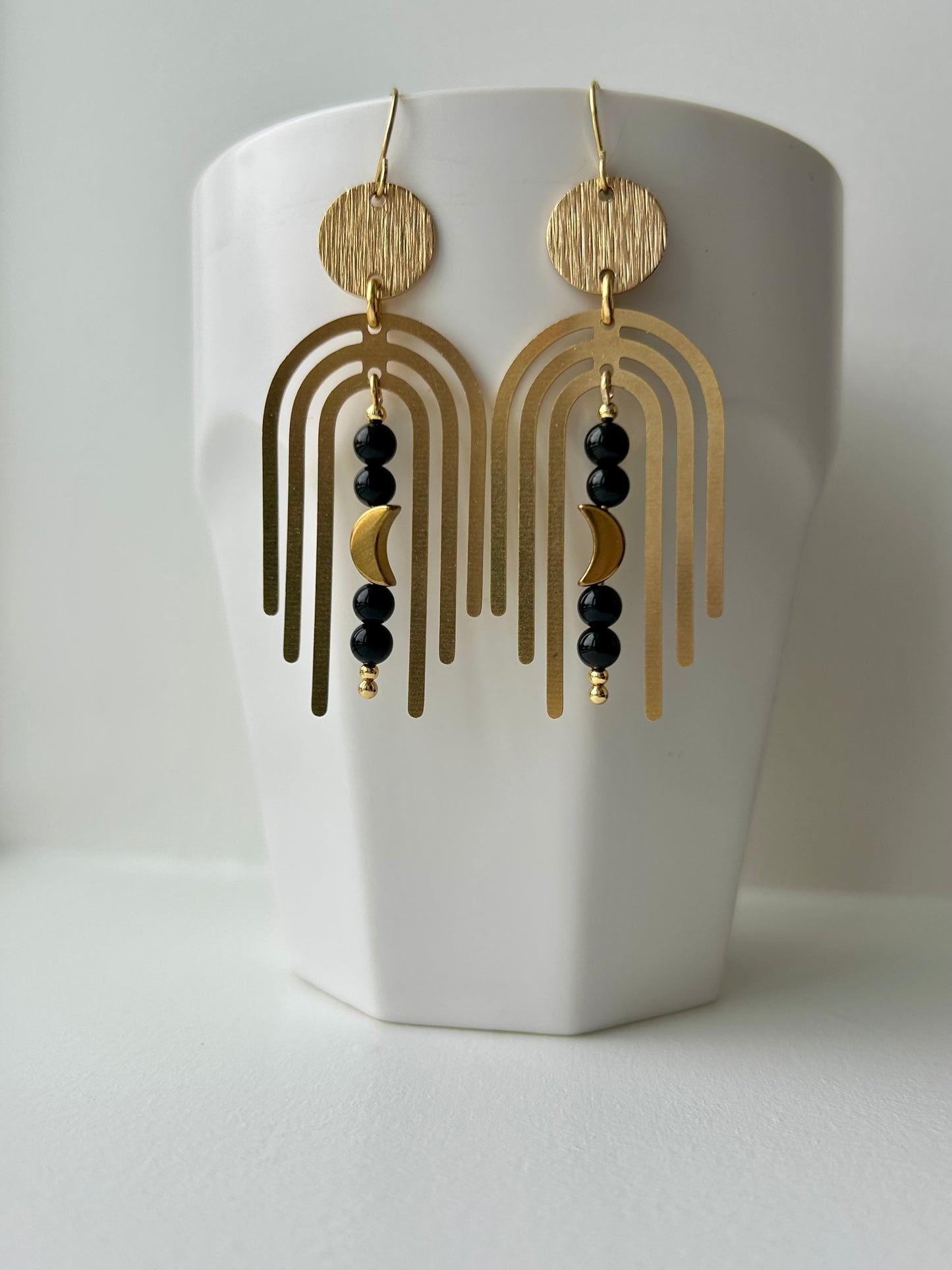 Black Onyx Moon Arches Brass Earrings