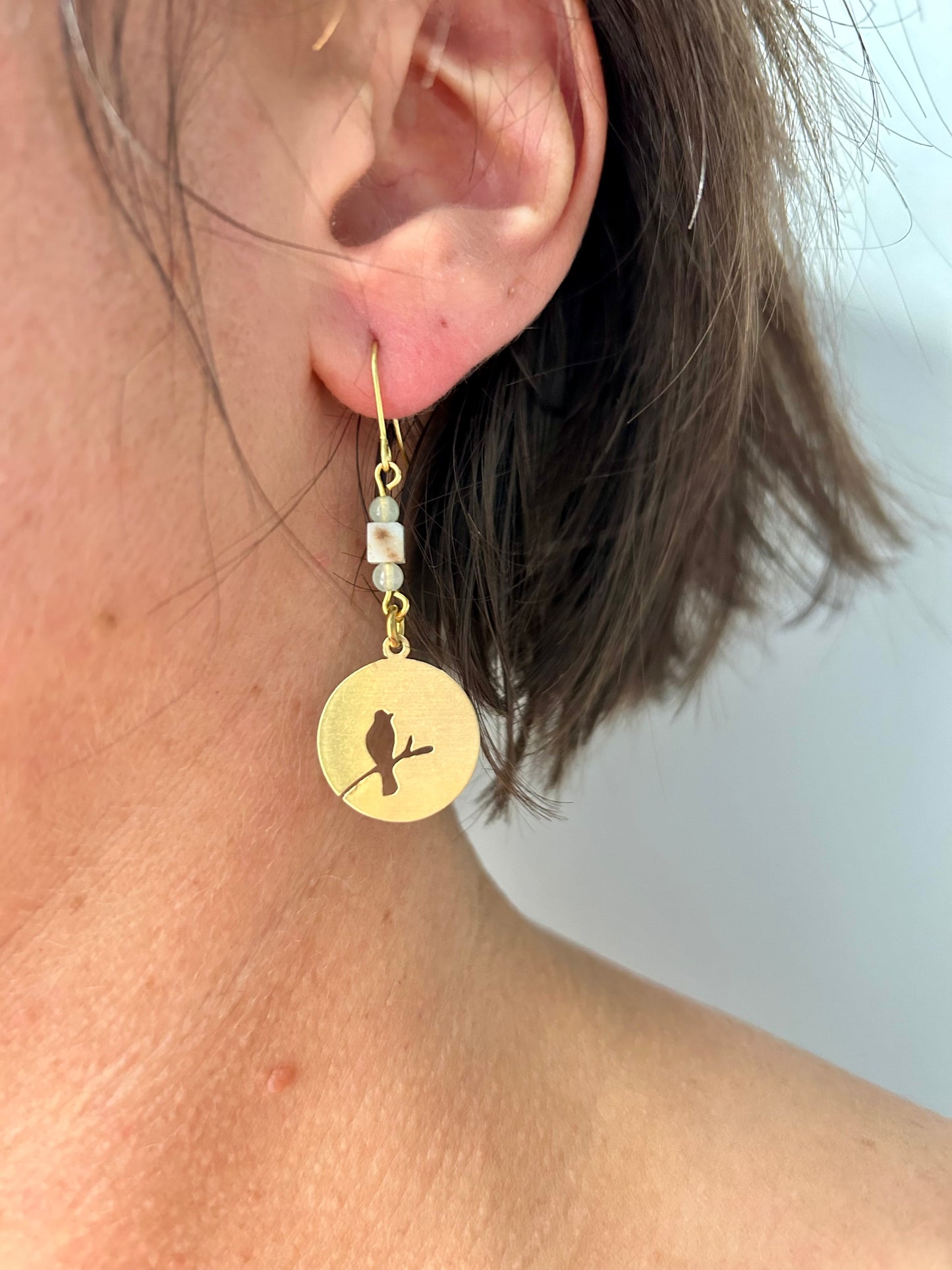 Put A Bird On It Amazonite Brass Earrings