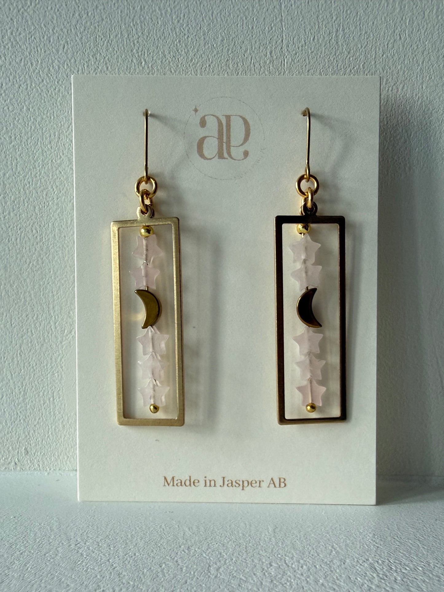 Rose Quartz Star Moon Brass Earrings