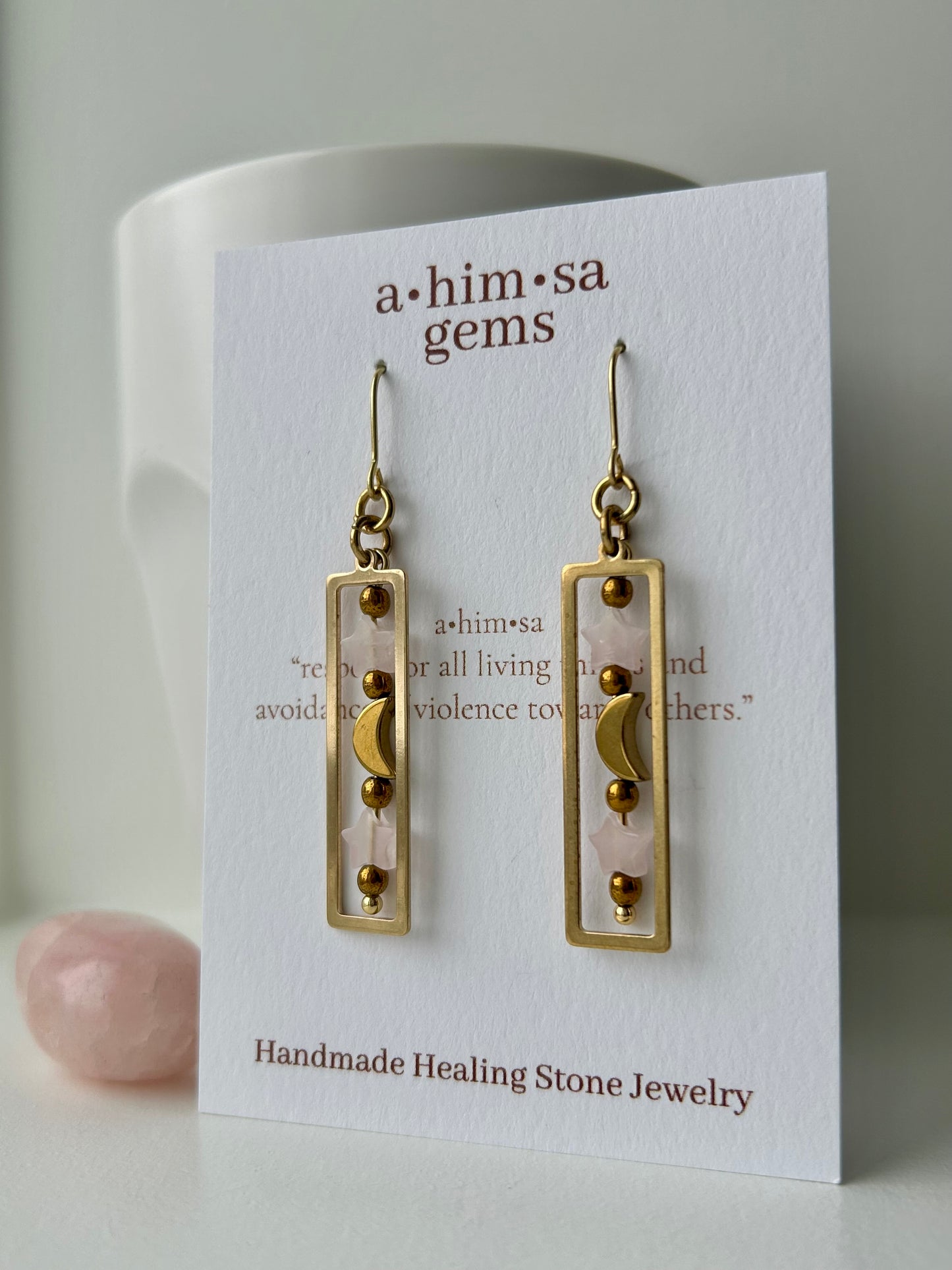 Rose Quartz Star Moon Brass Earrings