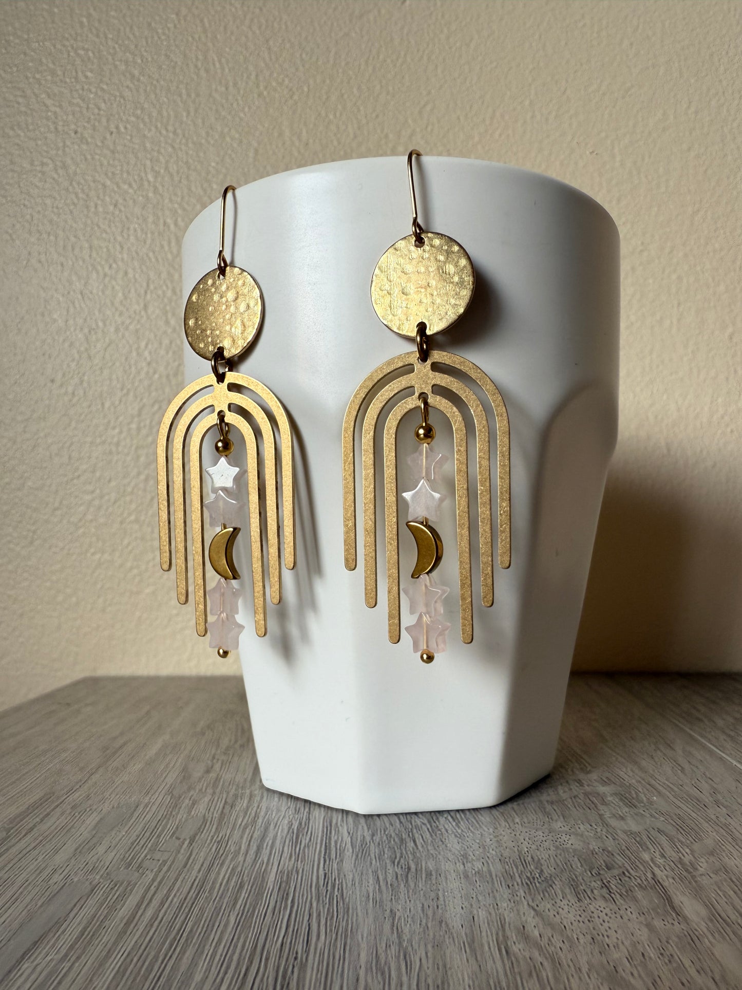 Rose Quartz Arches Brass Earrings