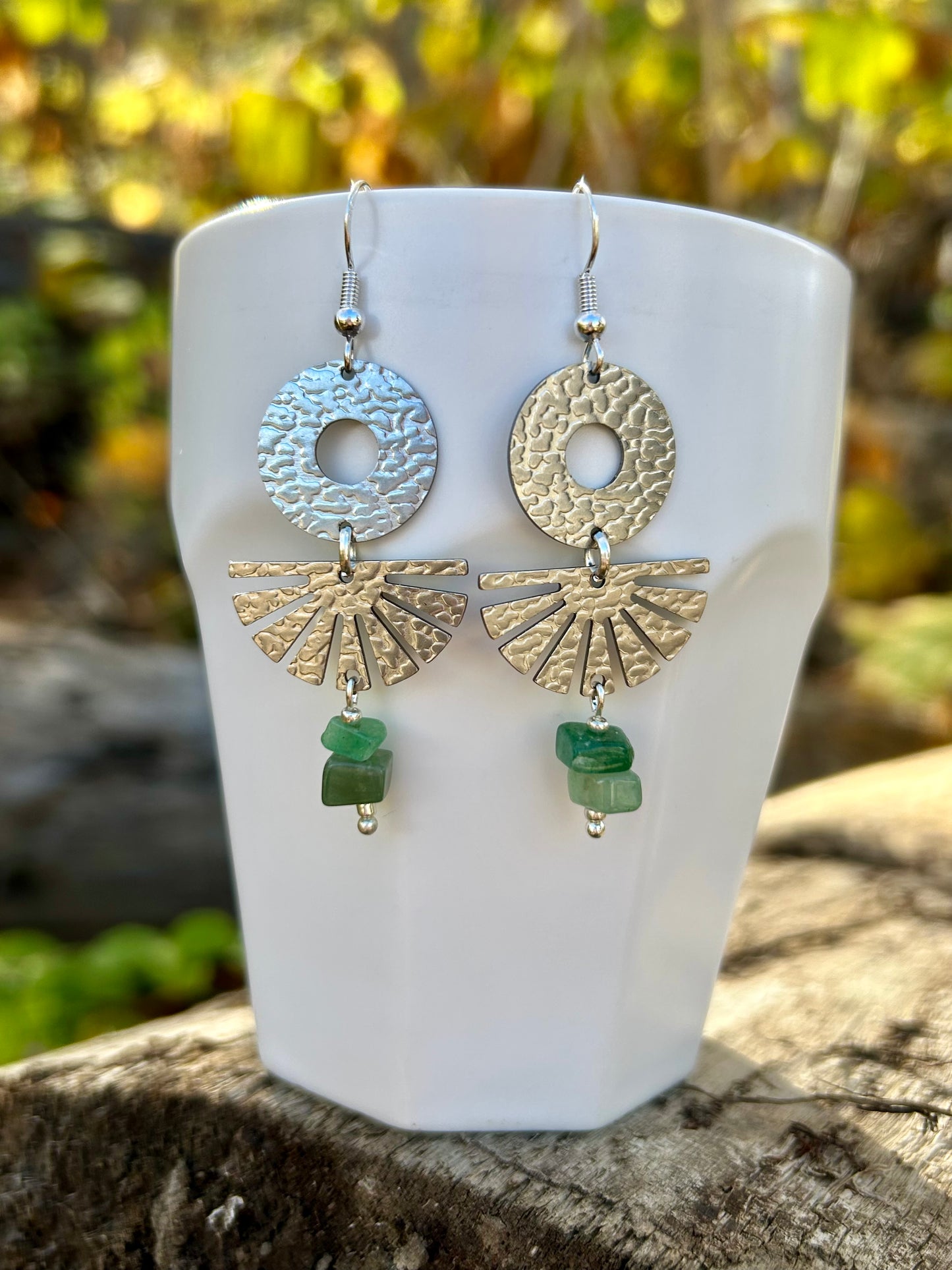 Silver Hammered Jade Earrings