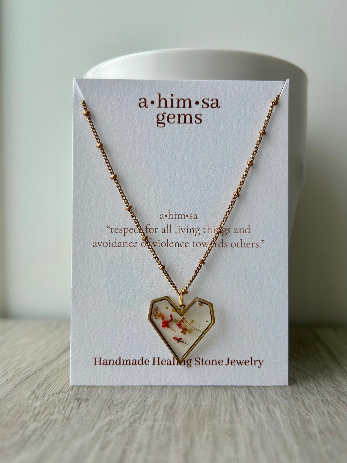 Tiny Flowers in Epoxy Heart Brass Necklace