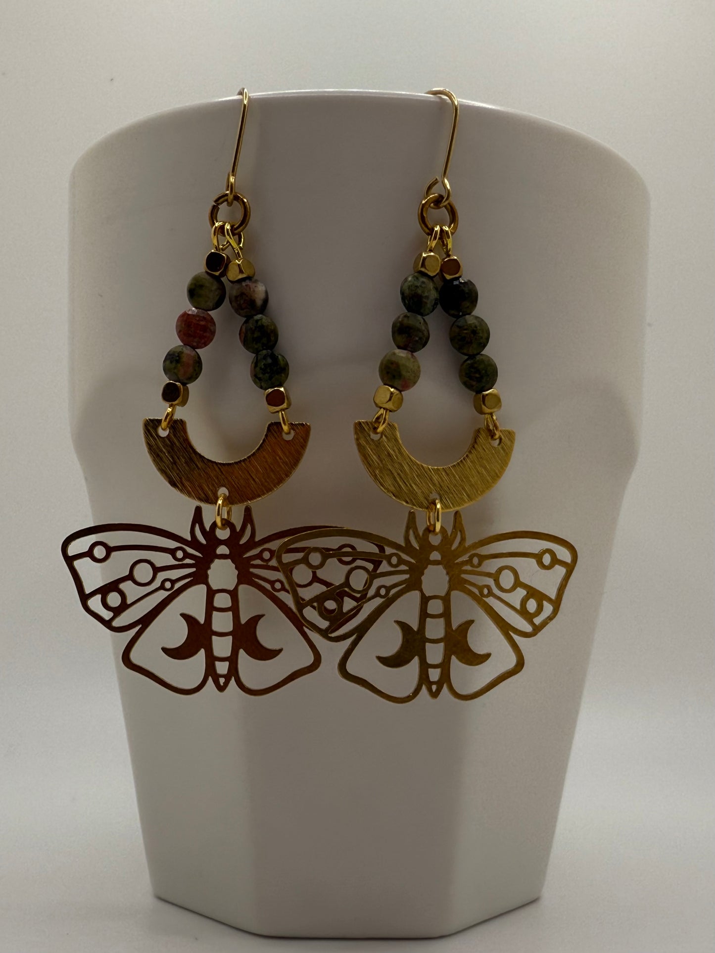 Unakite Moth 24k Gold Earrings
