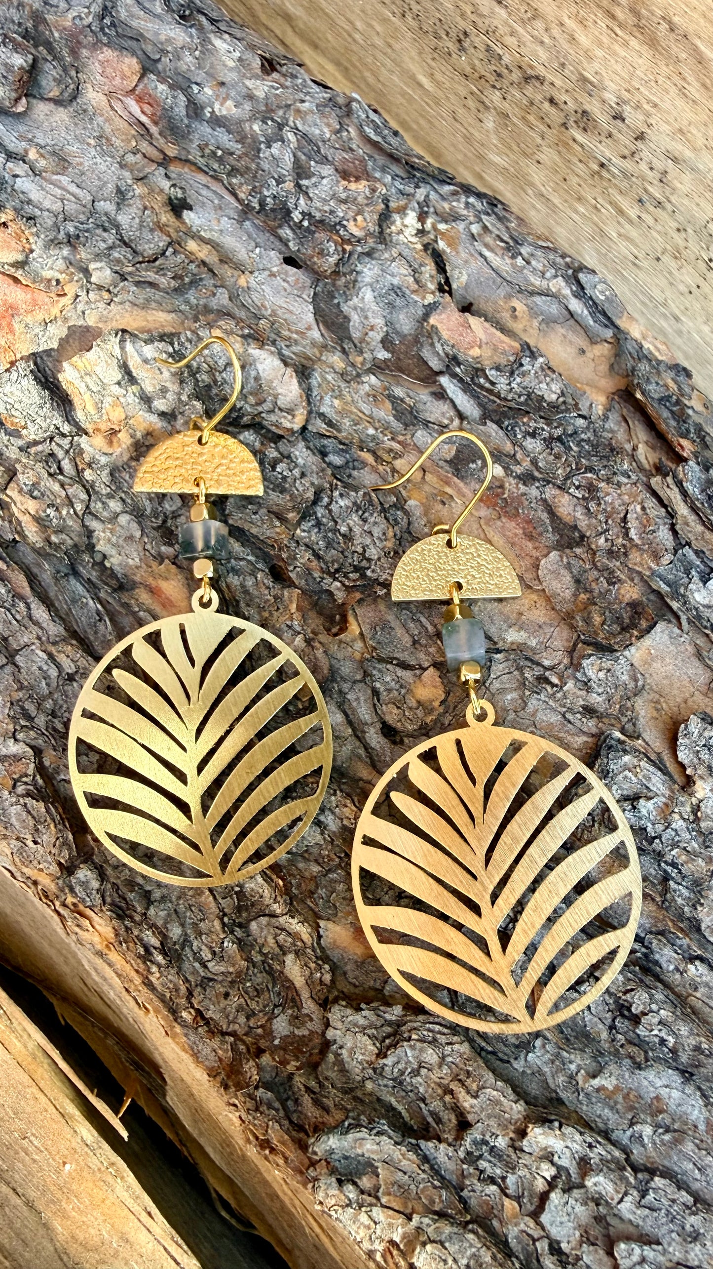 Moss Agate Leaf Brass Earrings