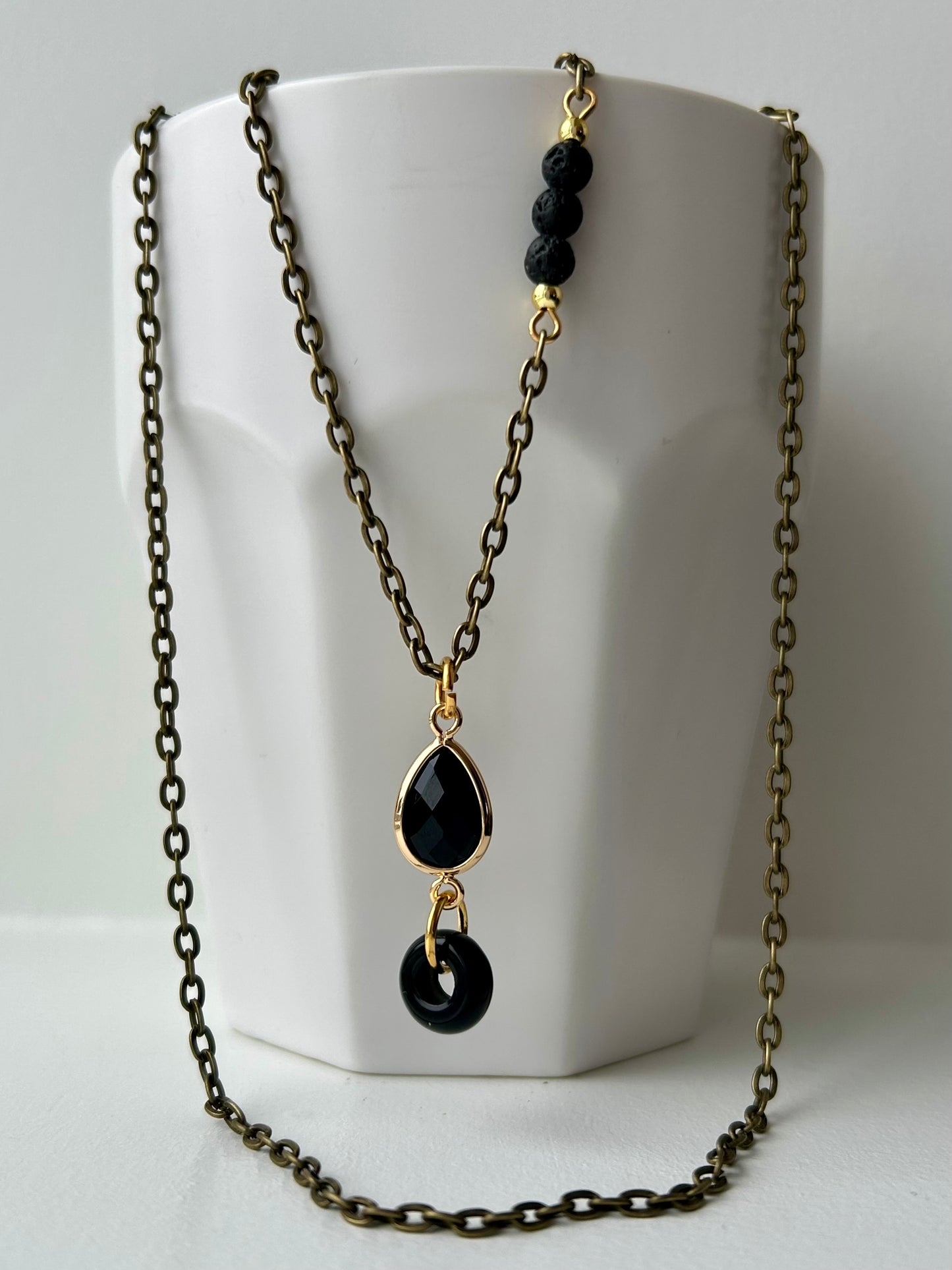 Black Onyx and Lava Stone Long Brass Necklace