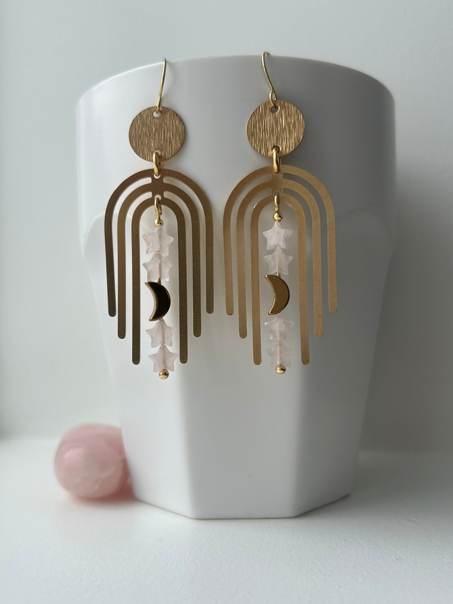 Rose Quartz Arches Brass Earrings