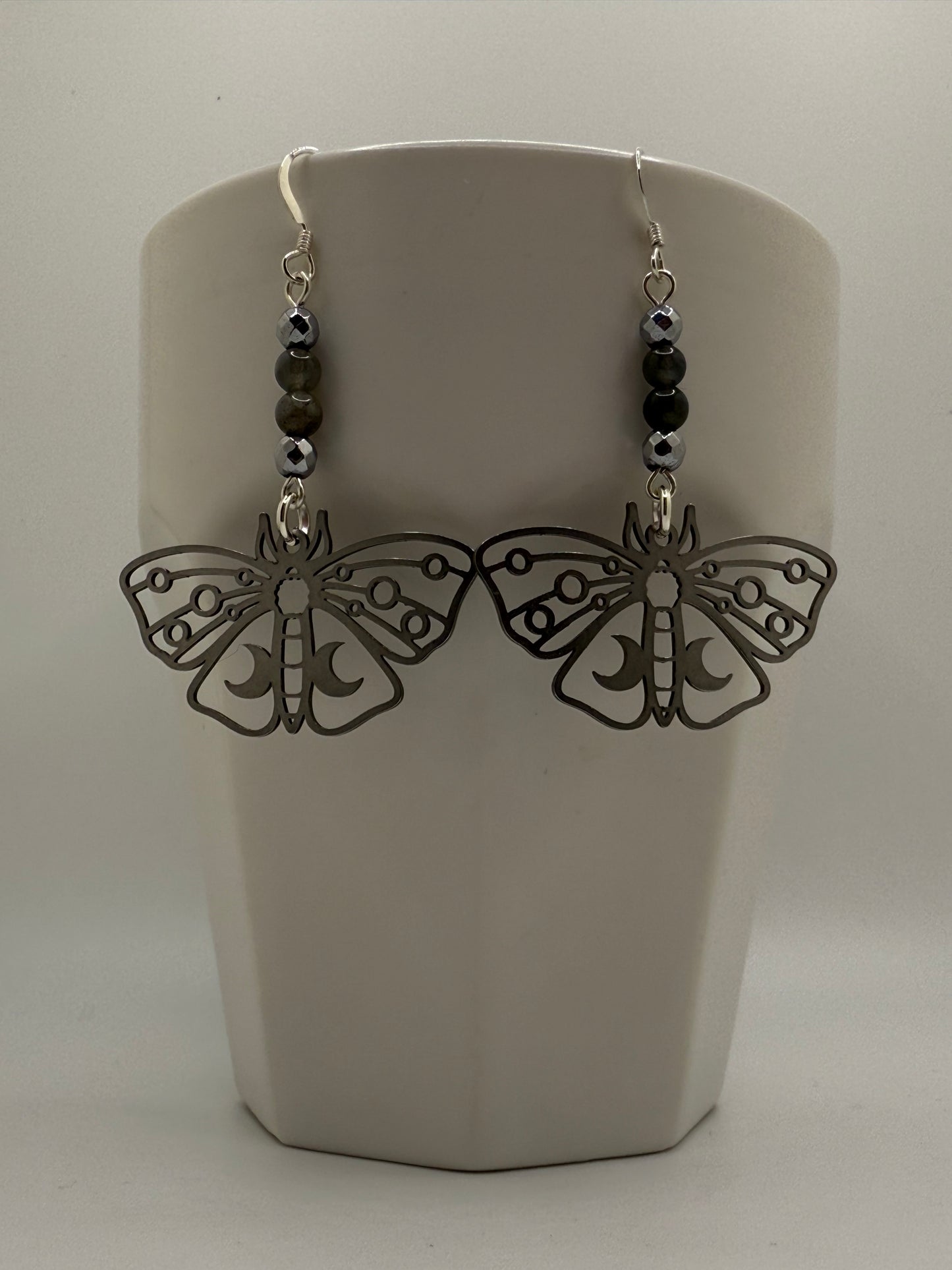 Labradorite Silver Moth Earrings