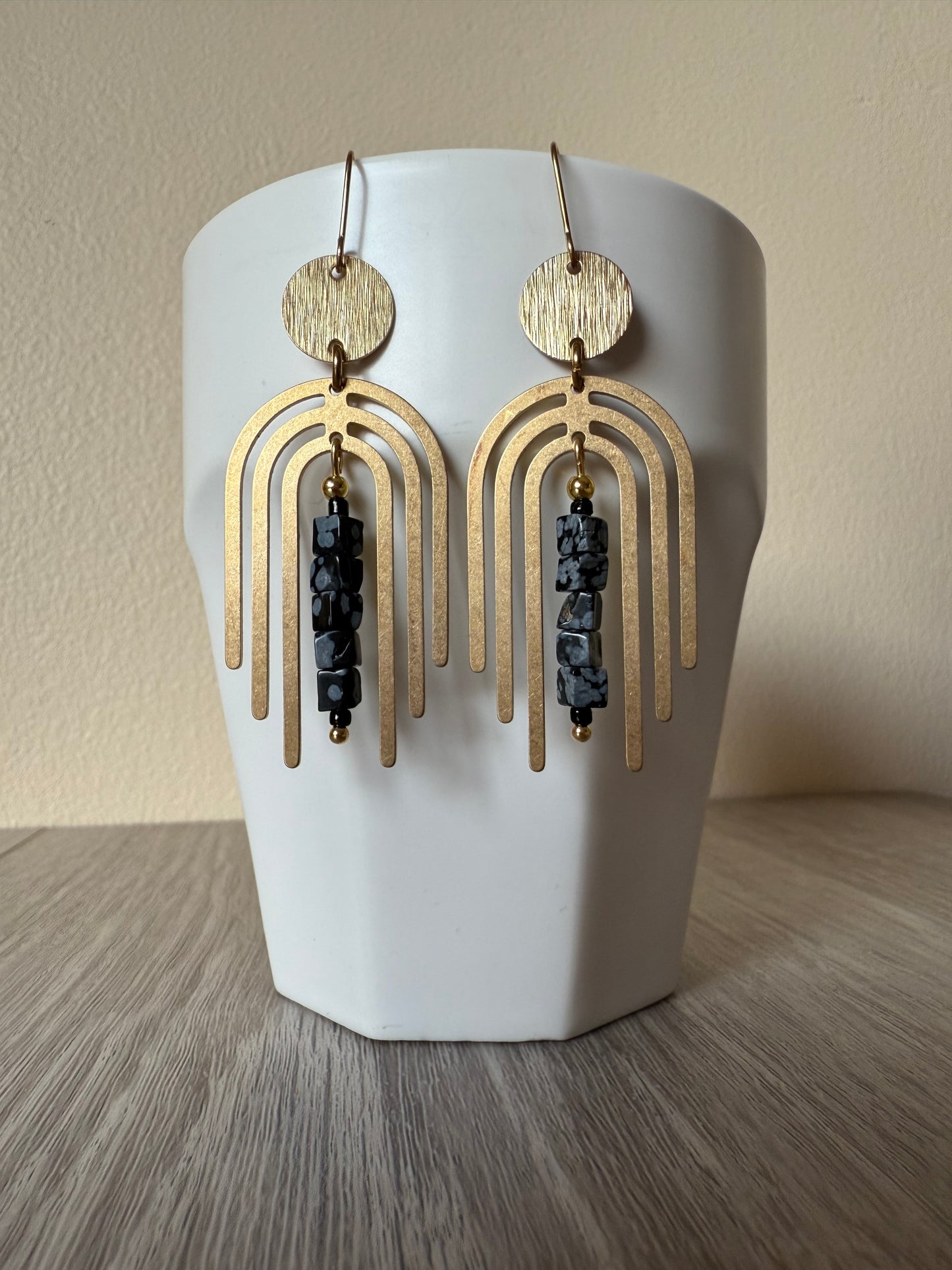 Snowflake Obsidian Arches Brass Earrings