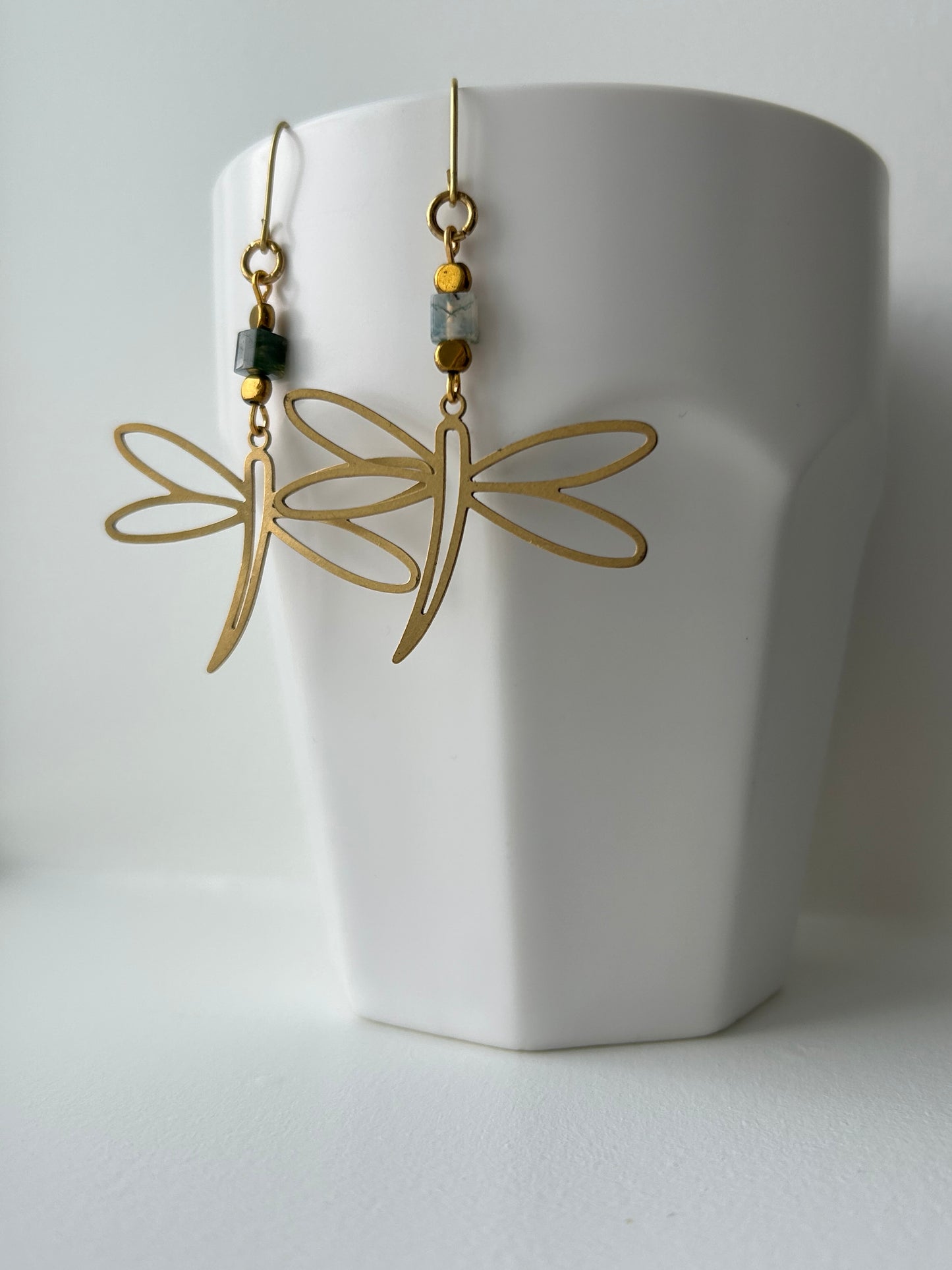 Moss Agate Dragonfly Brass Earrings