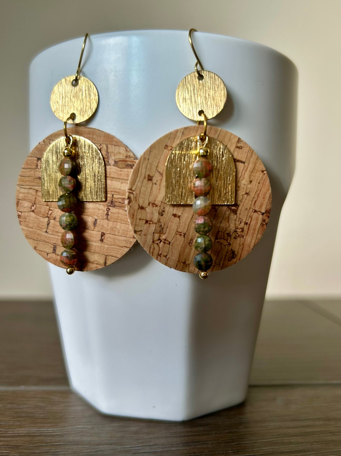 Unakite Cork Brass Earrings