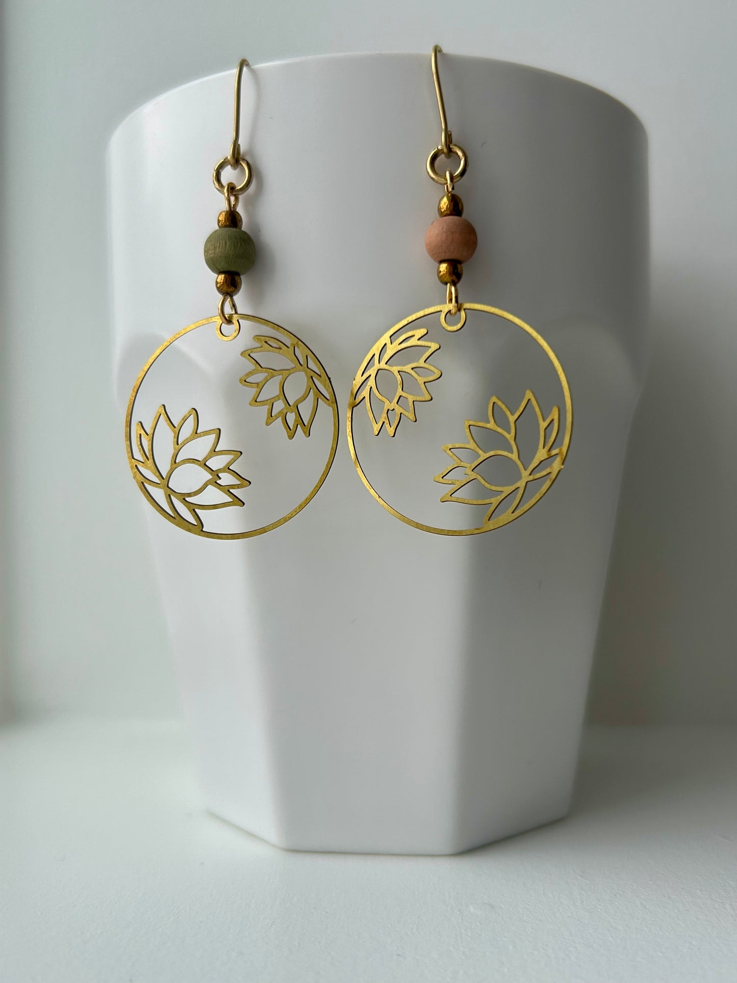 Lotus Flower Wood Bead Brass Earrings