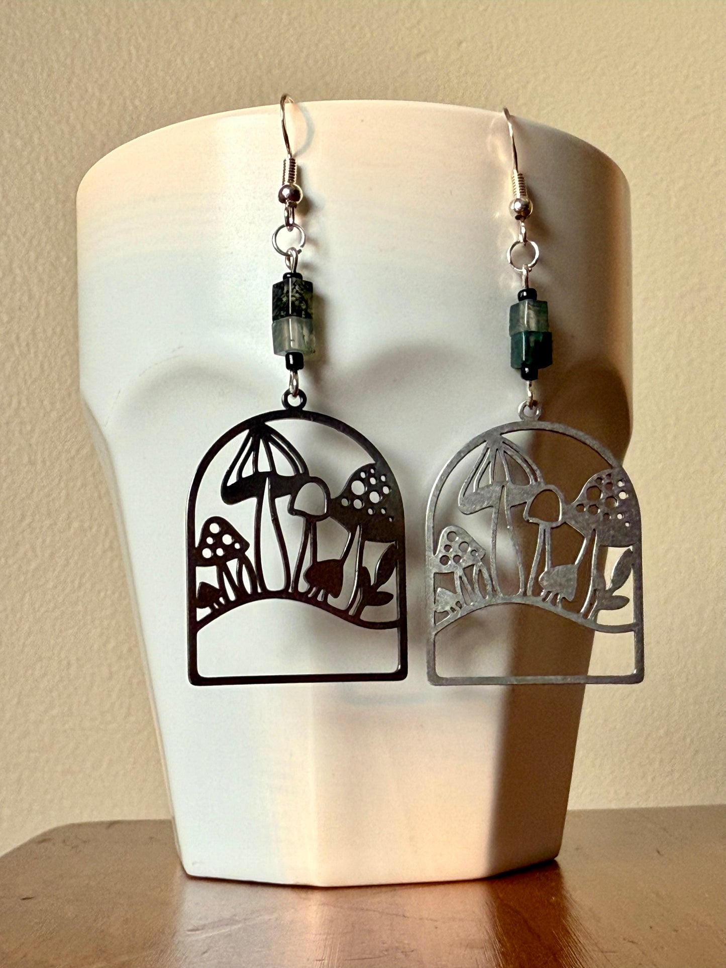 Moss Agate Mushroom Patch Silver Earrings