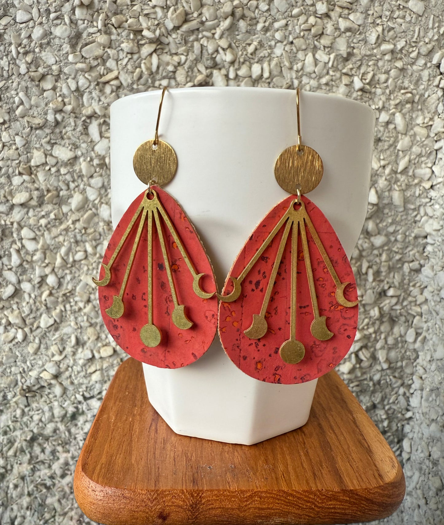 Watermelon Cork Moon Phases Brass Earrings