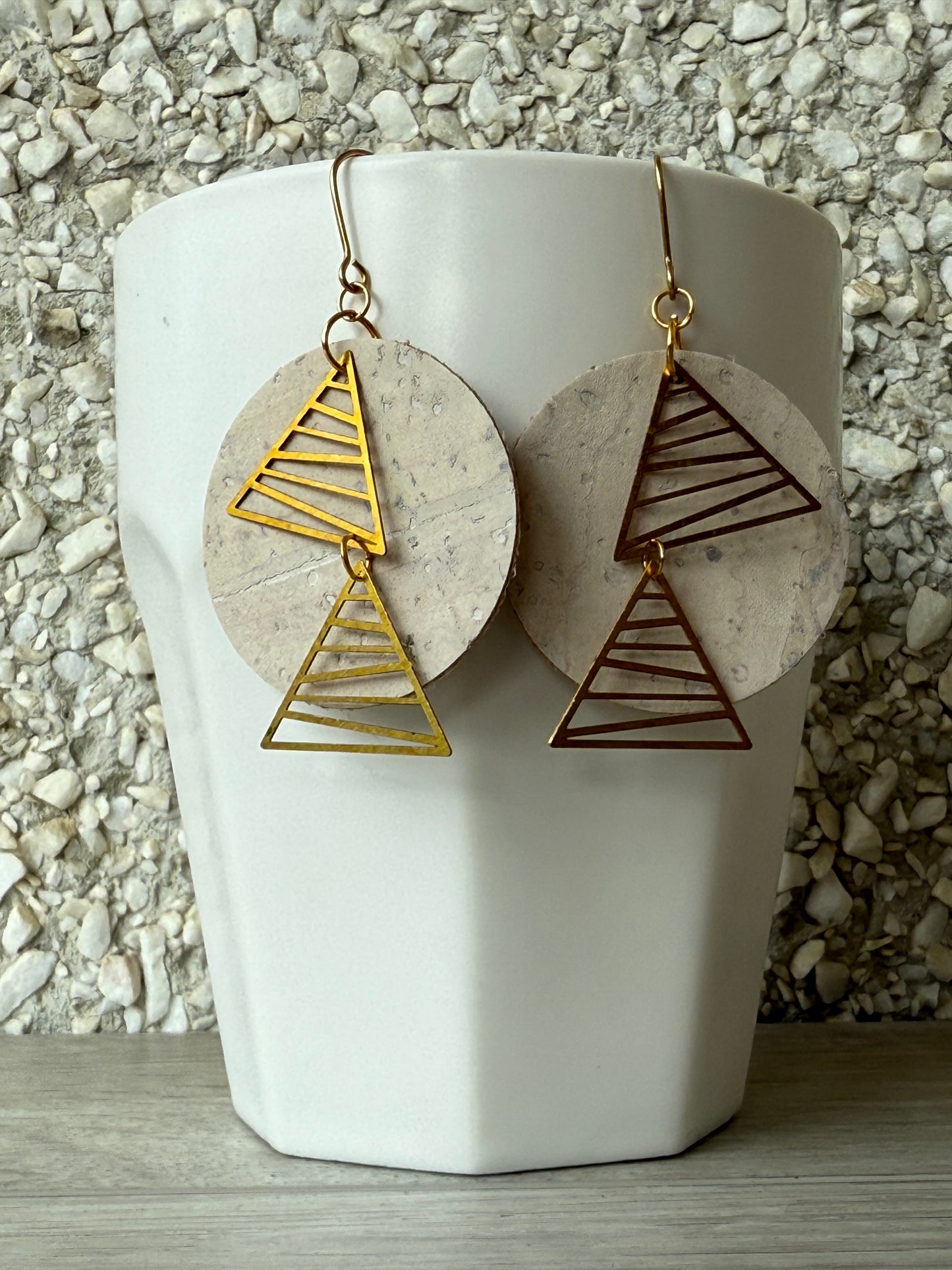 White Washed Triangle Cork Brass Earrings