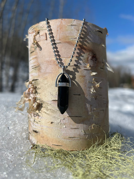 Long Silver Obsidian Point Pendant Necklace