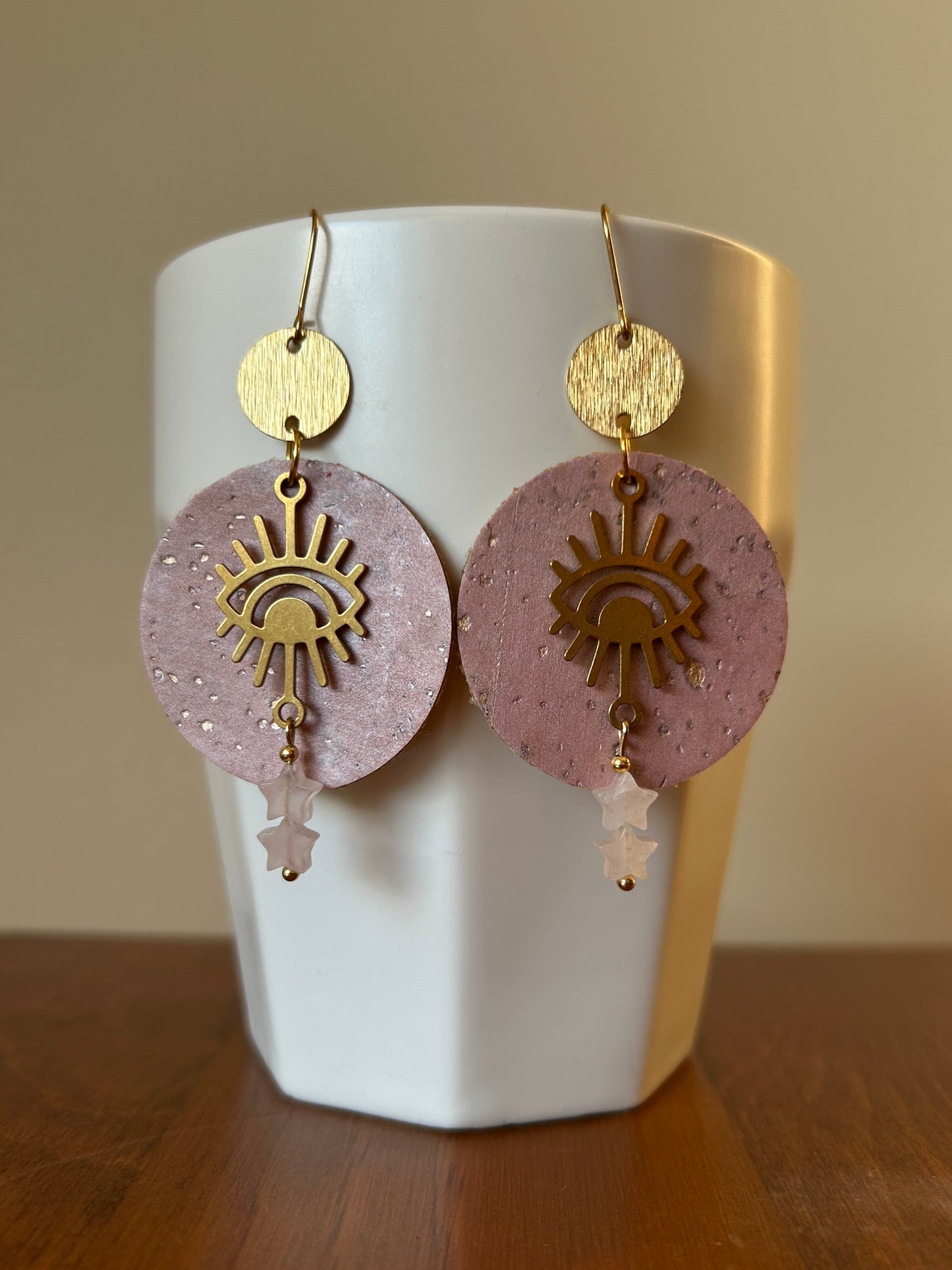 Rose Quartz Pink Cork Third Eye Earrings