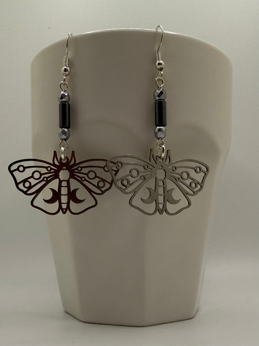Hematite Silver Moth Earrings