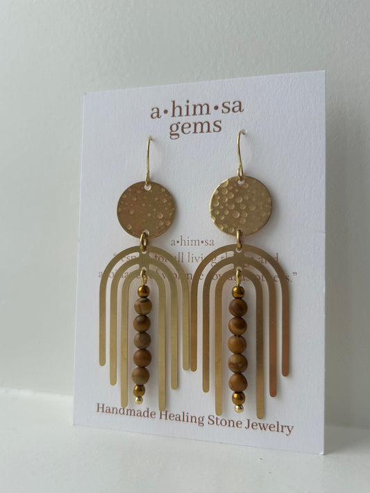 Petrified Wood Jasper Arches Brass Earrings