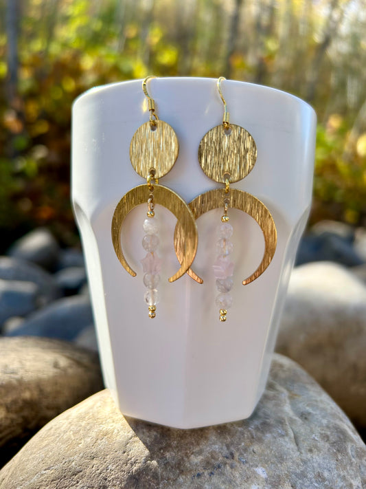 Rose Quartz Crescent Moon Circle Brass Earrings