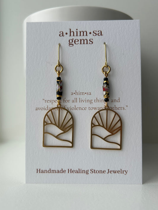 Mountain View With Sun Brass Earrings