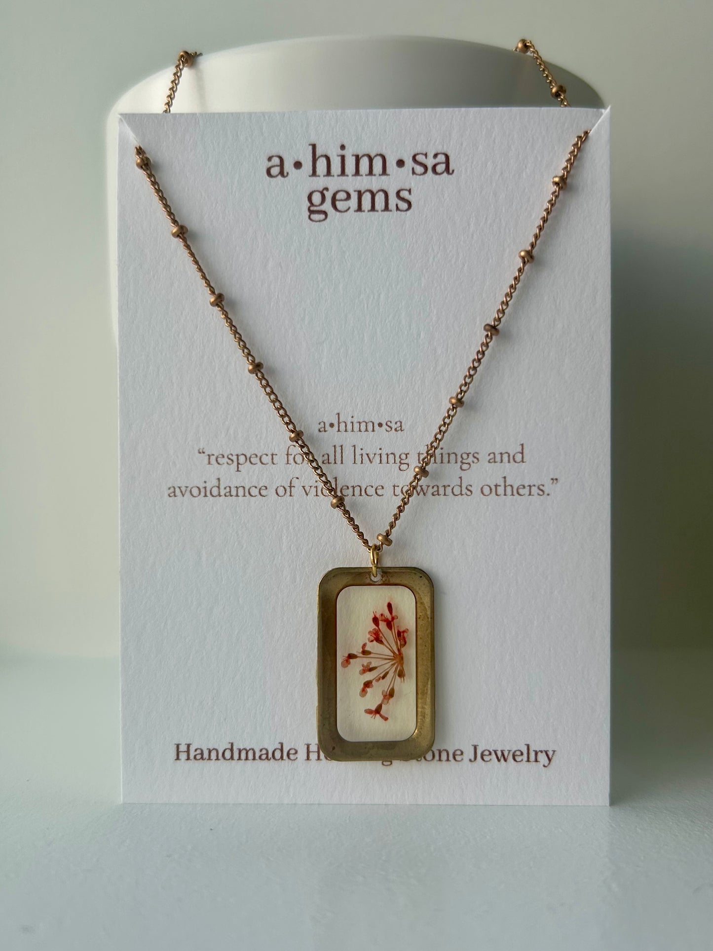 Tiny Red Flowers in Epoxy Brass Necklace