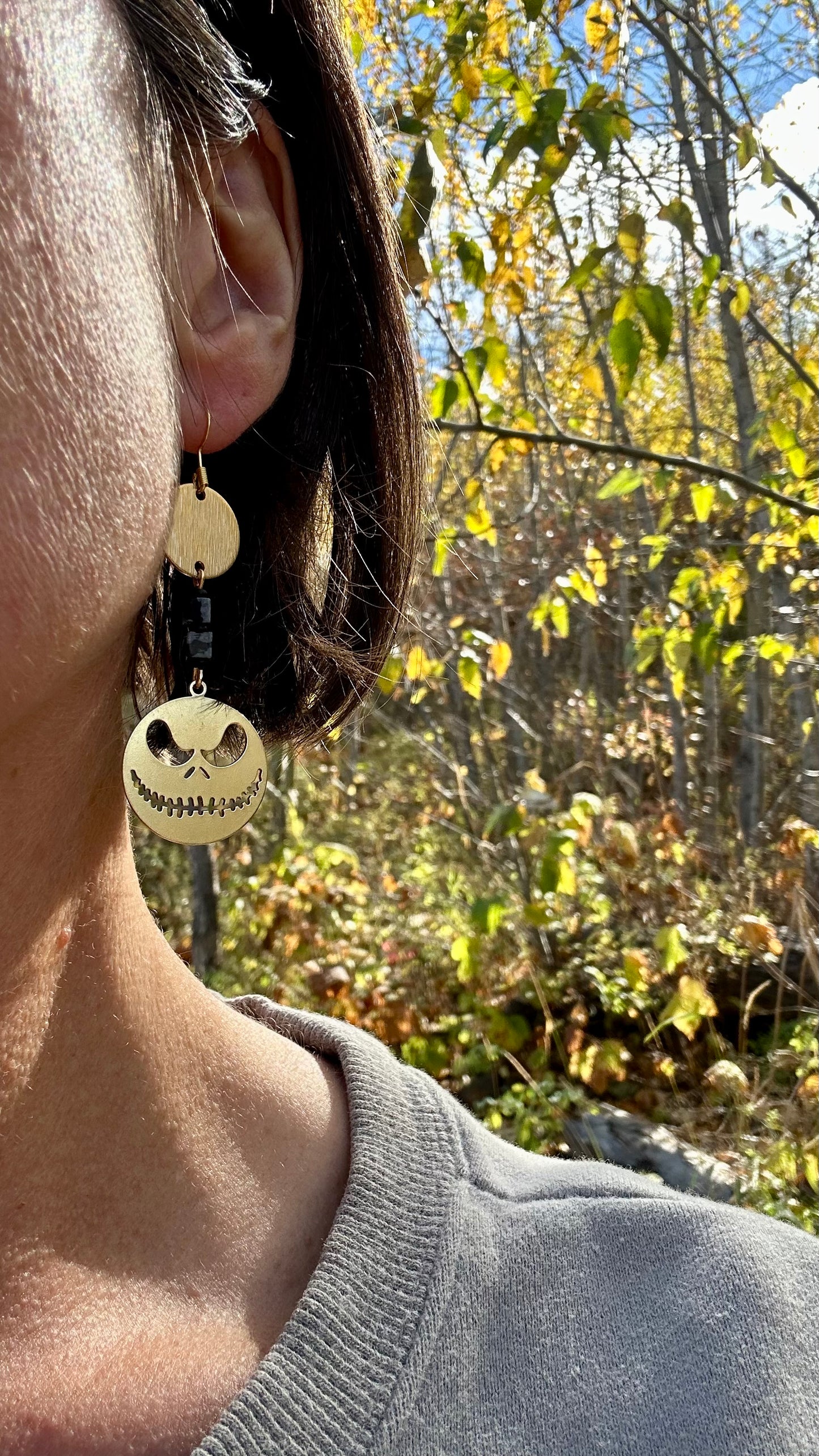 Snowflake Obsidian Scary Pumpkin Brass Earrings