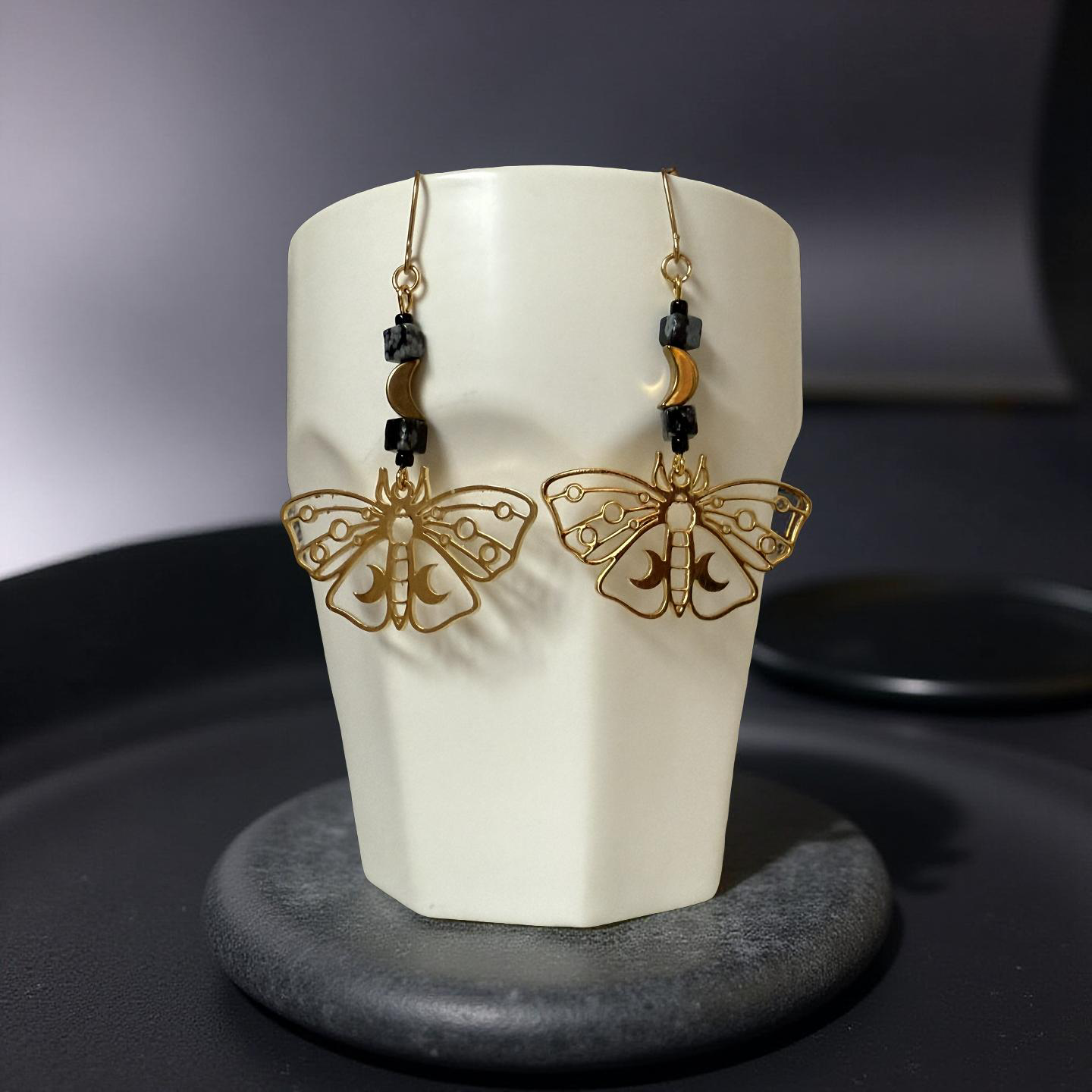 Moth Snowflake Obsidian Brass Earrings