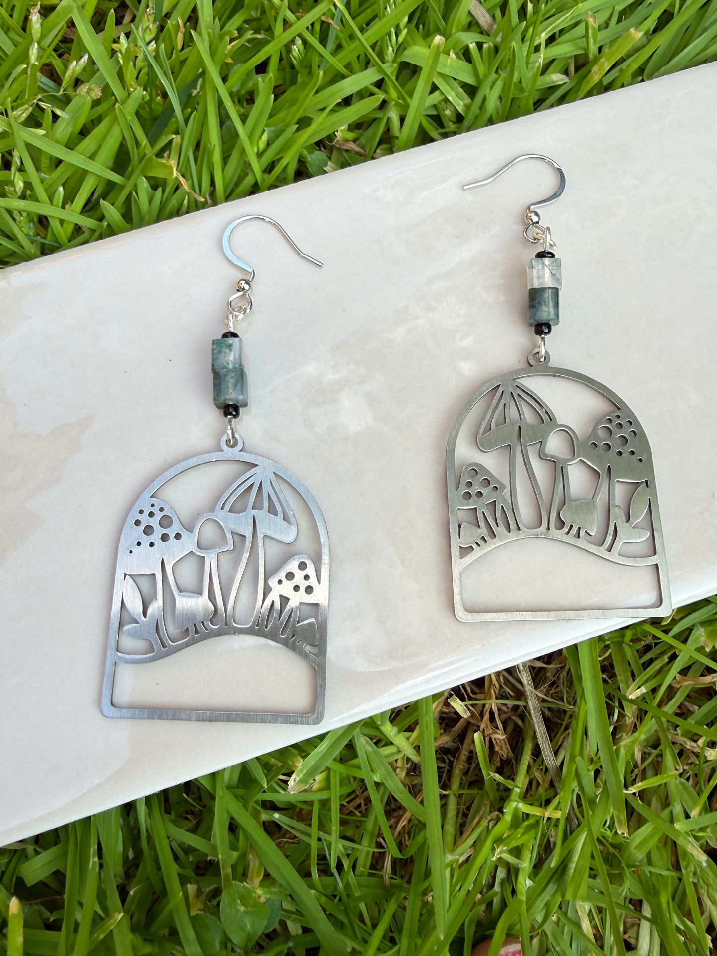 Moss Agate Mushroom Patch Silver Earrings