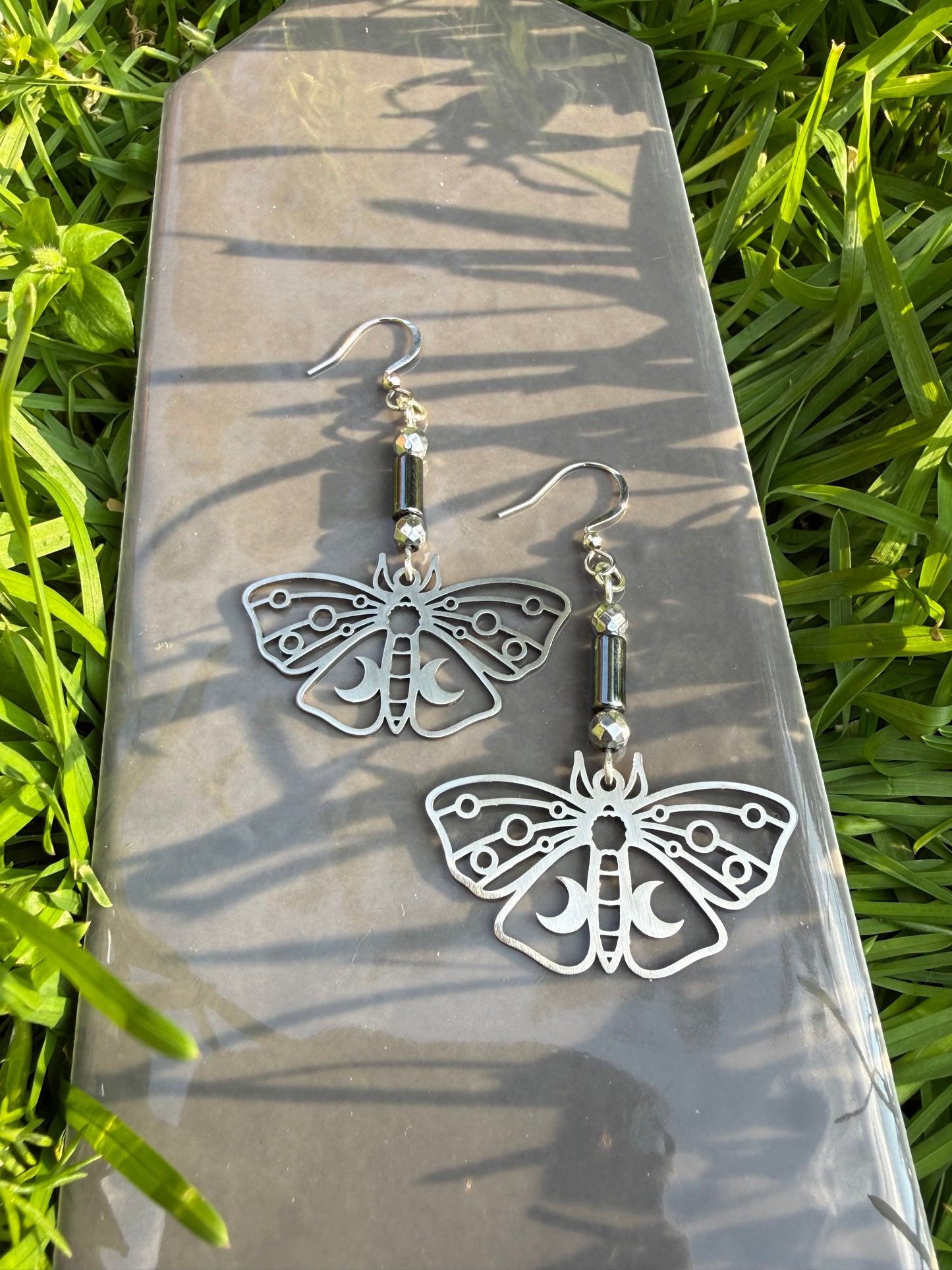 Hematite Stainless Steel Moth Earrings