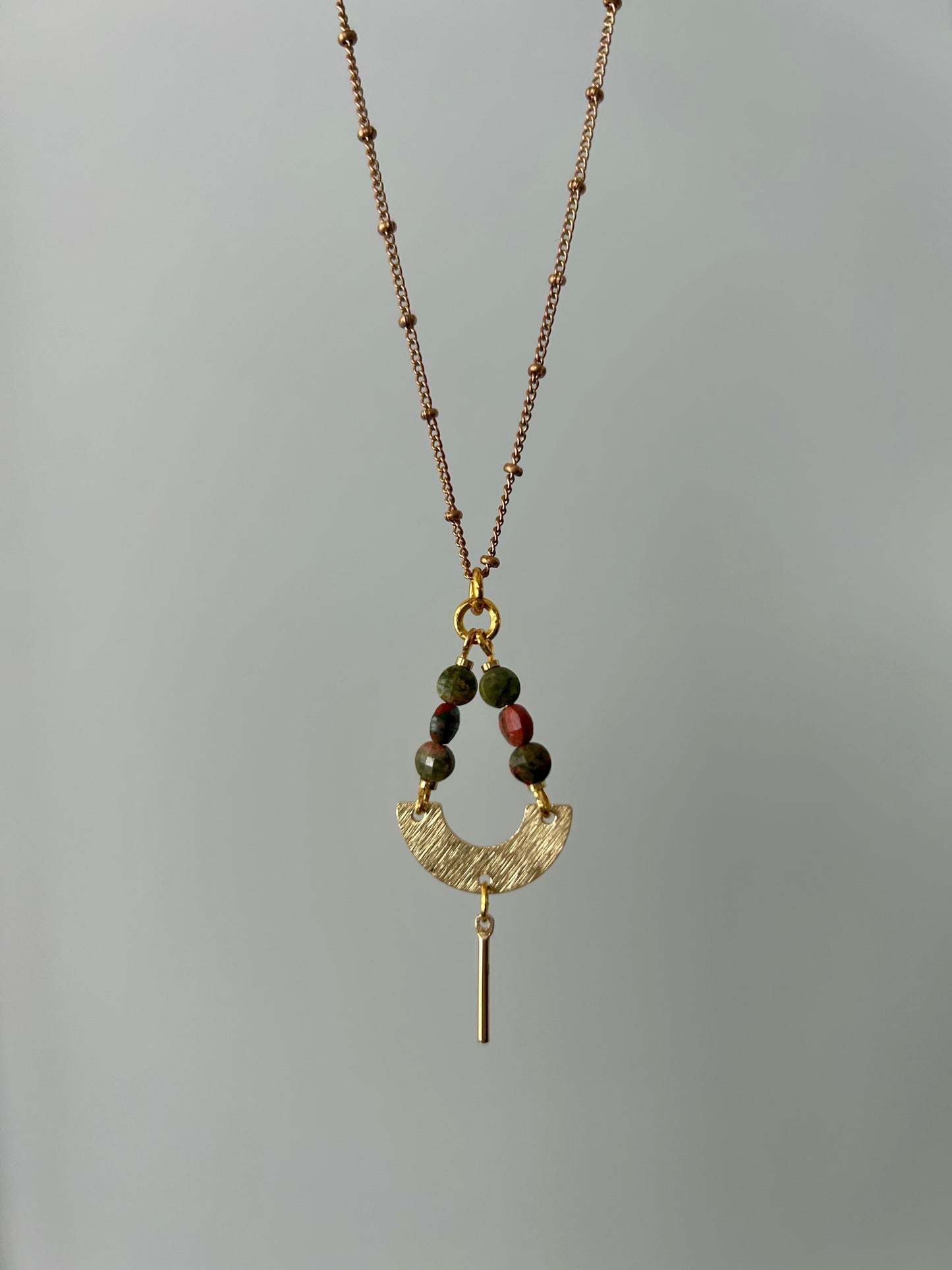 Unakite Pendant Brass Necklace