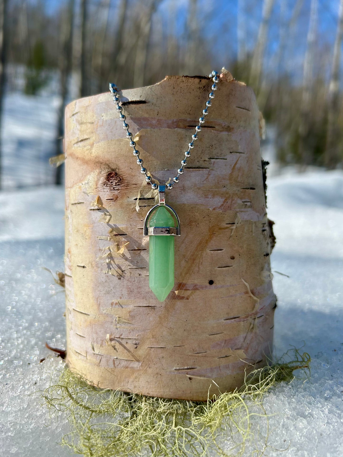 Long Silver Aventurine Point Pendant Necklace