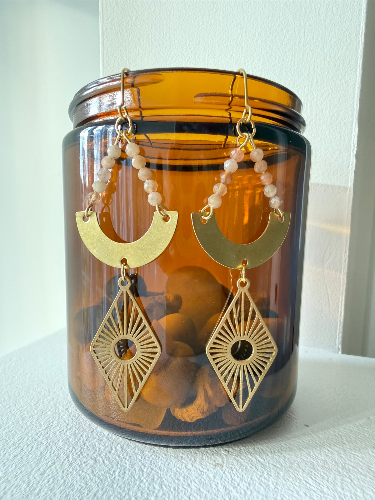 Moonstone Diamond Sun Brass Earrings