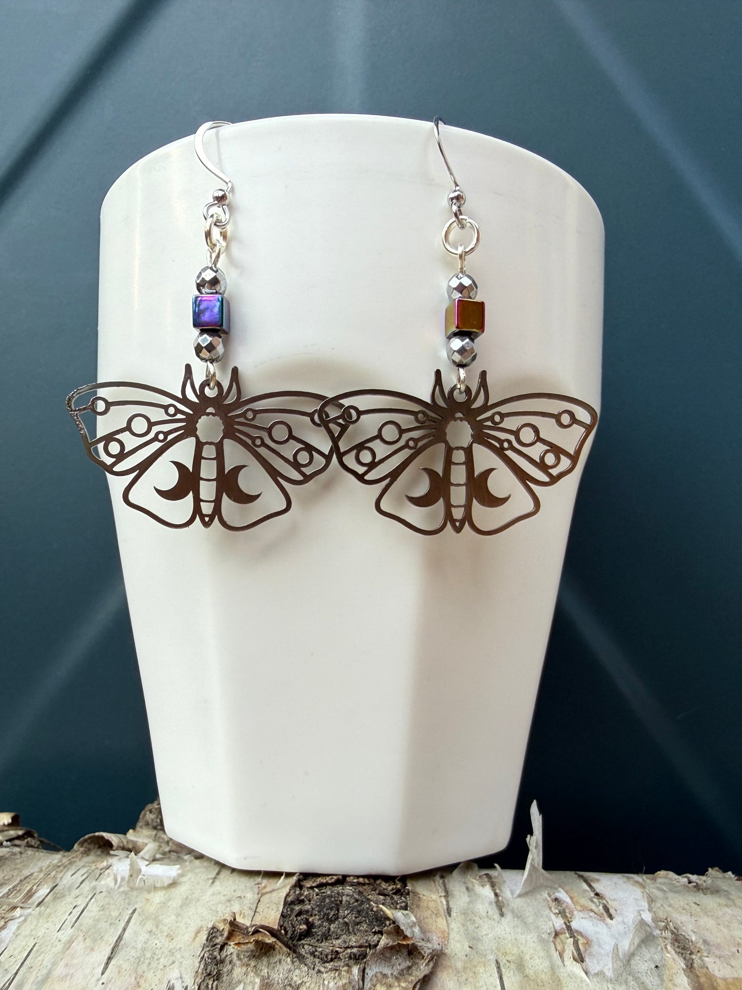 Hematite Cube Stainless Steel Moth Earrings