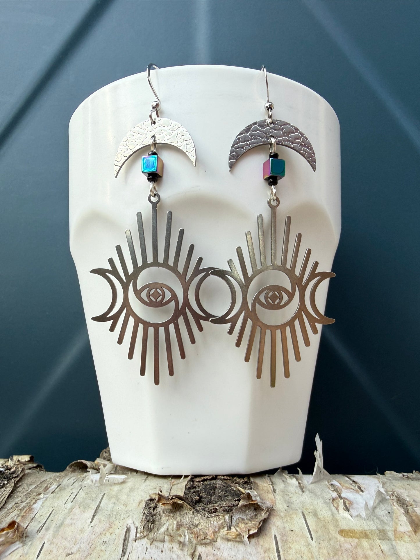 Hematite Stainless Steel Third Eye Earrings