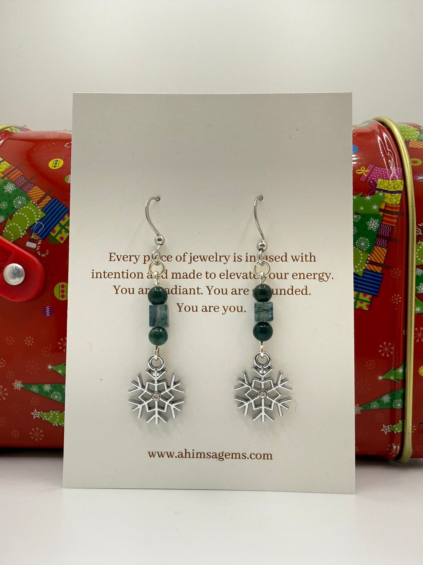 Moss Agate Silver Rhinestone Snowflake Earrings