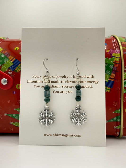 Moss Agate Silver Rhinestone Snowflake Earrings