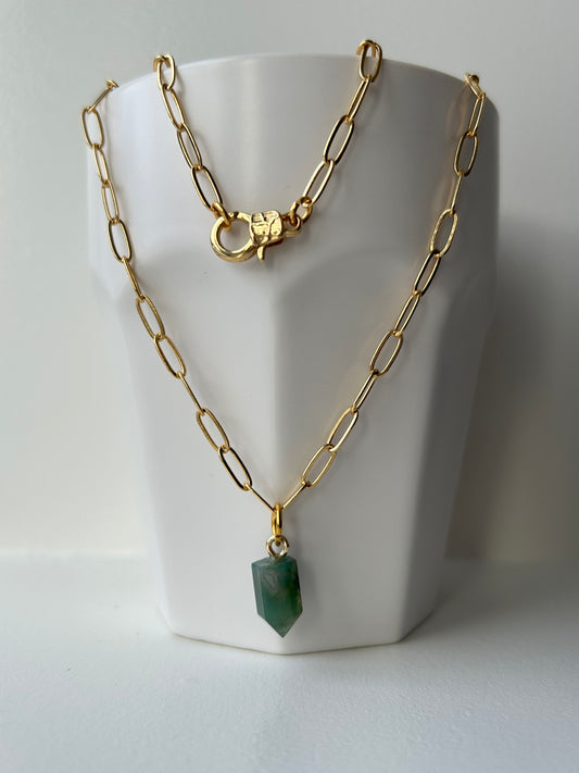 Moss Agate Gold Plated Paperclip Necklace