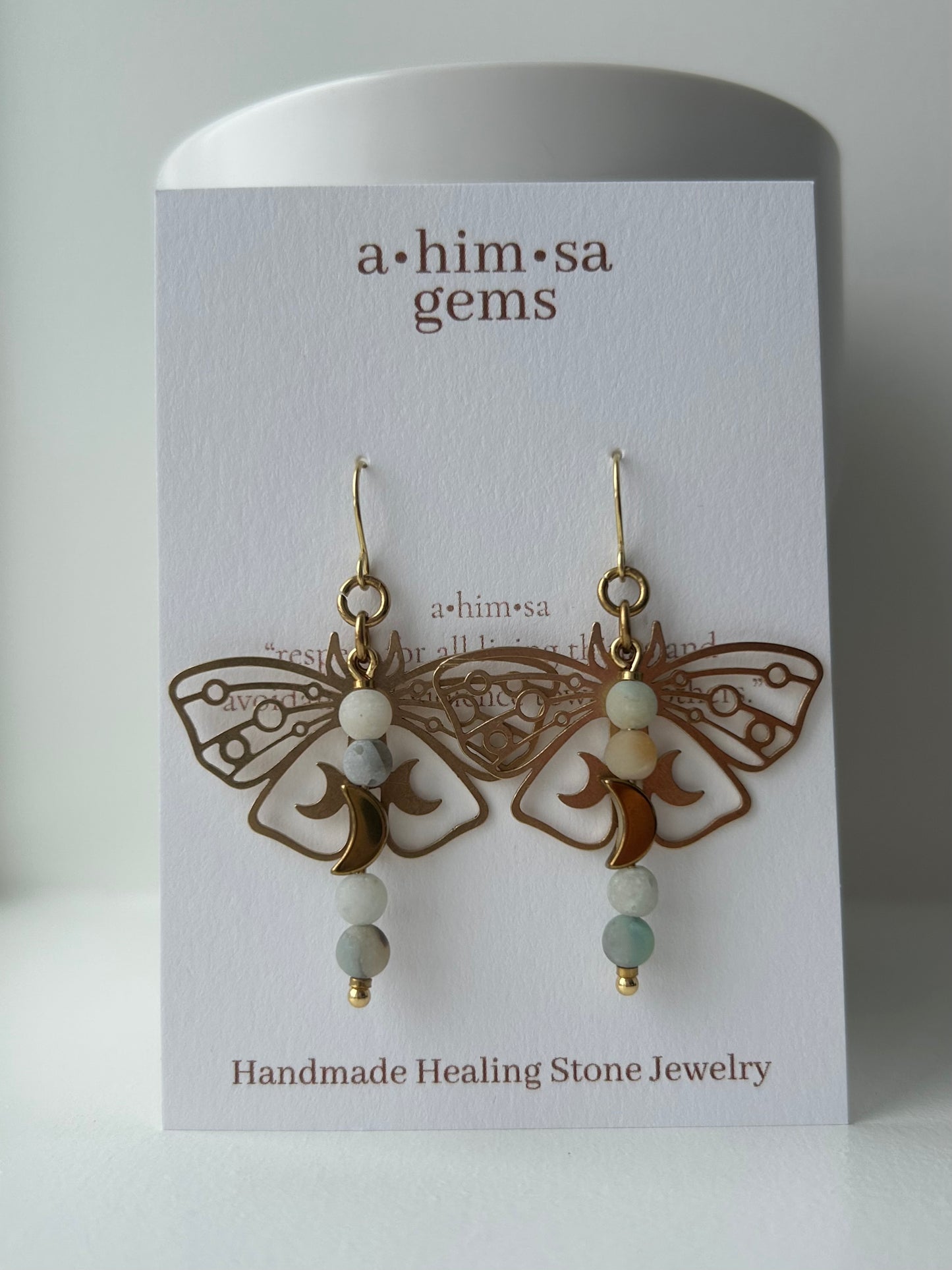 Moth Moon Amazonite Brass Earrings