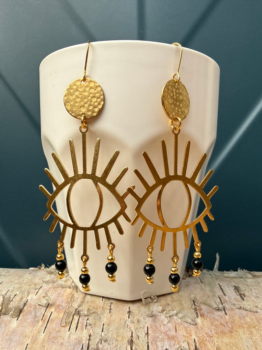 Black Onyx Third Eye Brass Earrings