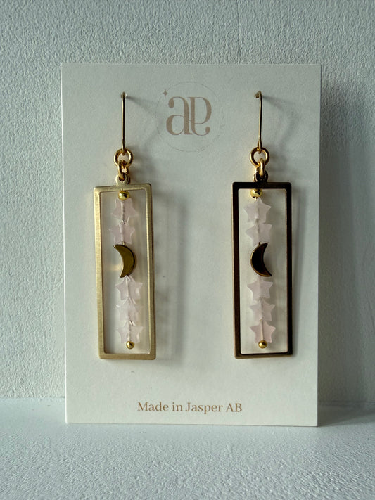 Rose Quartz Star Moon Brass Earrings