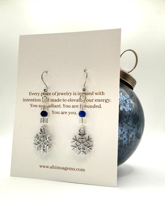 Blue Sardonyx Silver Rhinestone Snowflake Earrings