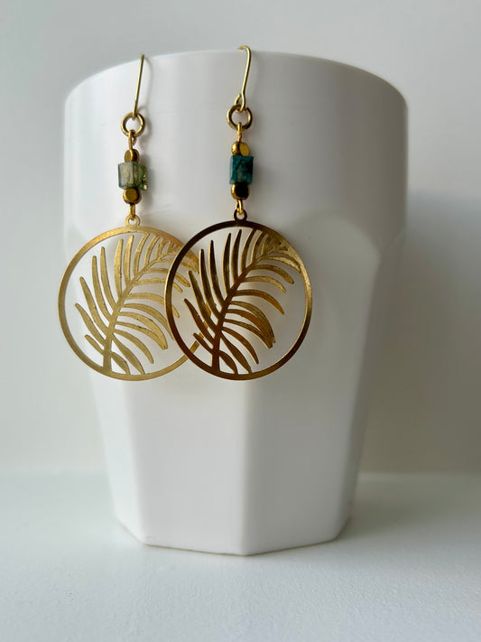 Moss Agate Leaf Brass Earrings