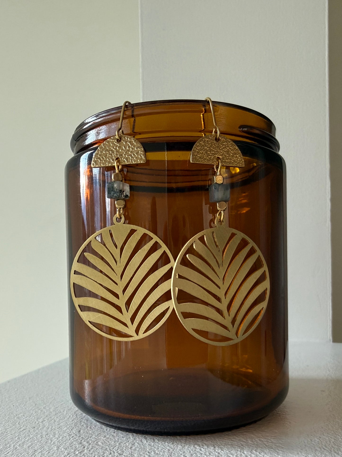 Moss Agate Leaf Brass Earrings